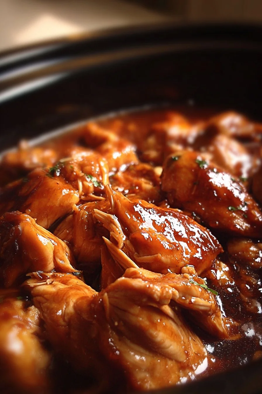Crock Pot Bourbon Chicken served on a plate with garnishes