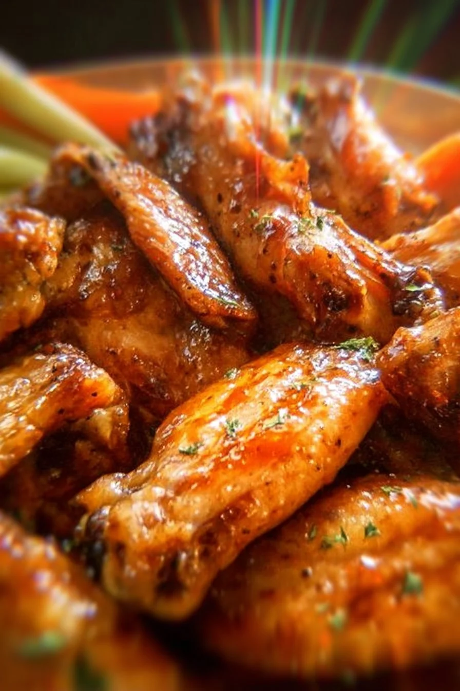 Crockpot Bourbon Wings 2 Crockpot Bourbon Wings served on a plate, showcasing a sticky glaze and garnished with herbs