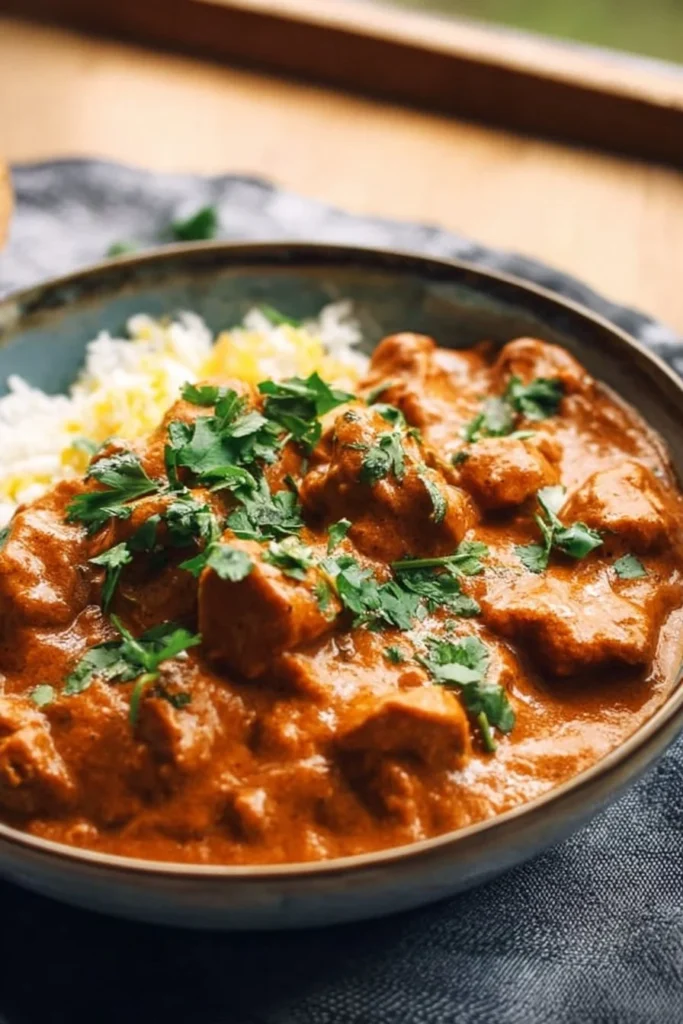 Delicious bowl of Crockpot Butter Chicken served with rice
