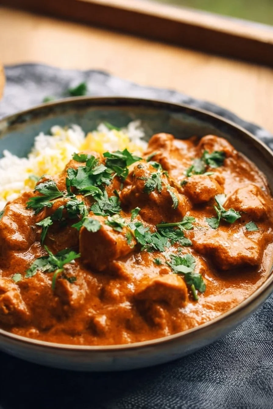 Delicious bowl of Crockpot Butter Chicken served with rice