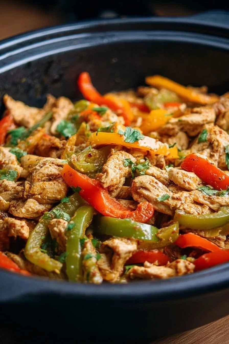 CrockPot Chicken Fajitas 2 Delicious CrockPot chicken fajitas with colorful bell peppers and spices