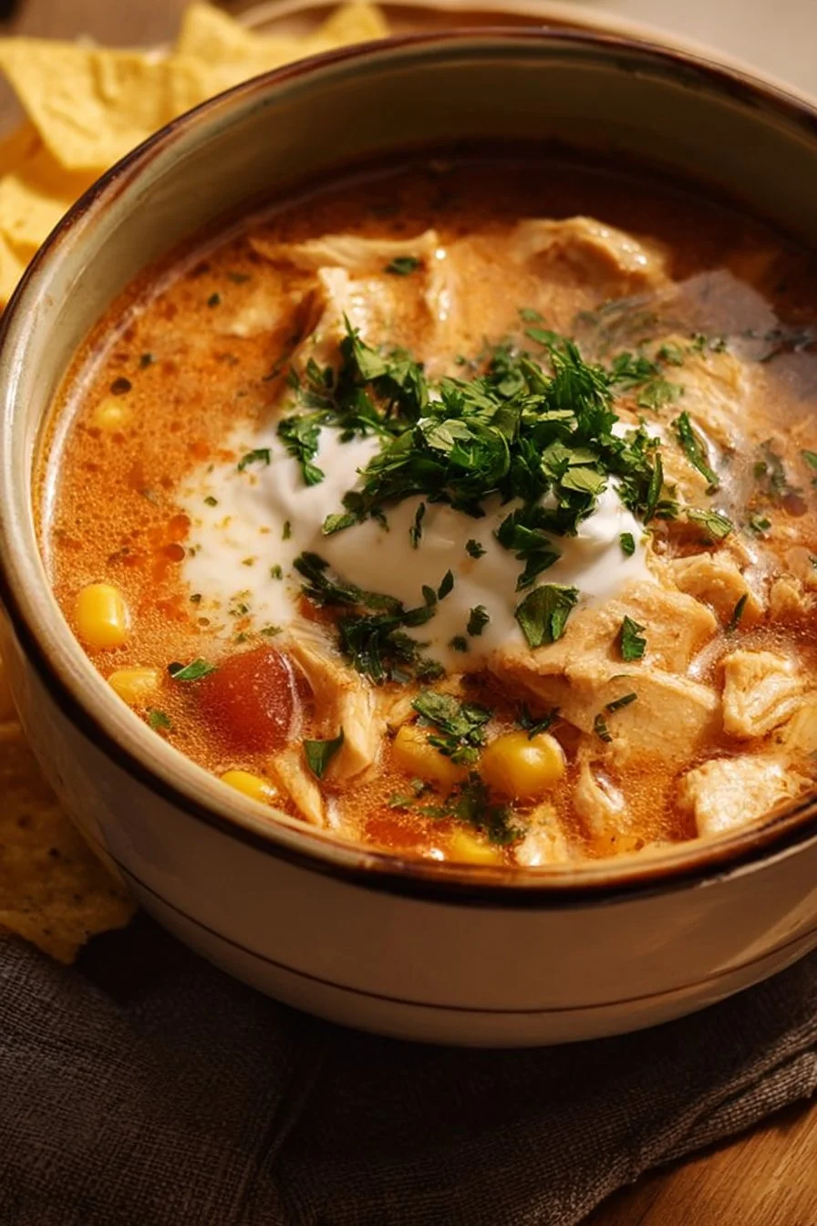 Crockpot Creamy Chicken Taco Soup 2 Bowl of Crockpot Creamy Chicken Taco Soup garnished with fresh herbs.
