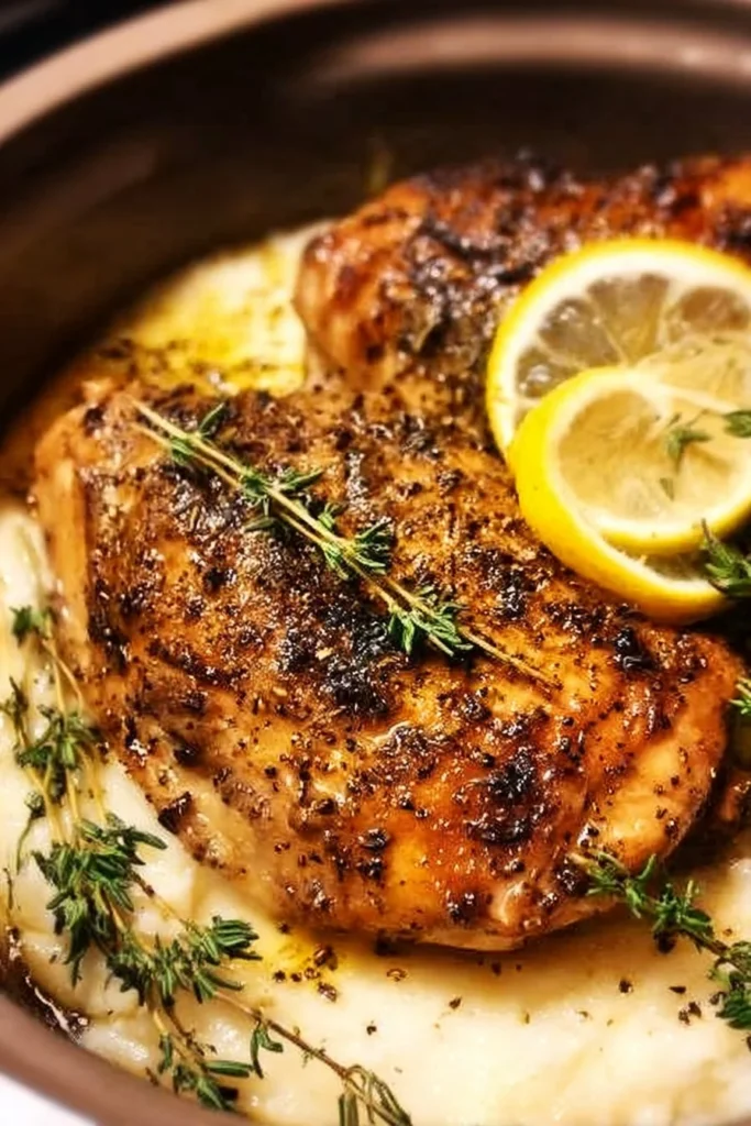 Crockpot Lemon Herb Chicken garnished with fresh herbs and lemon slices
