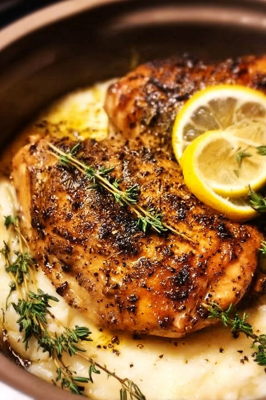 Crockpot Lemon Herb Chicken garnished with fresh herbs and lemon slices