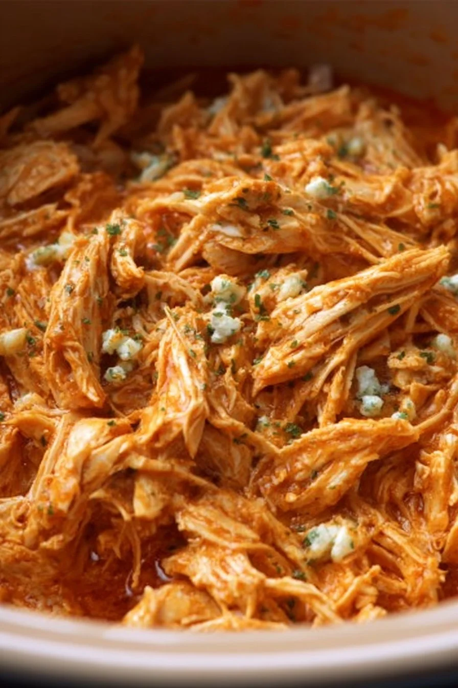 Crockpot shredded buffalo chicken served with celery sticks and dipping sauce