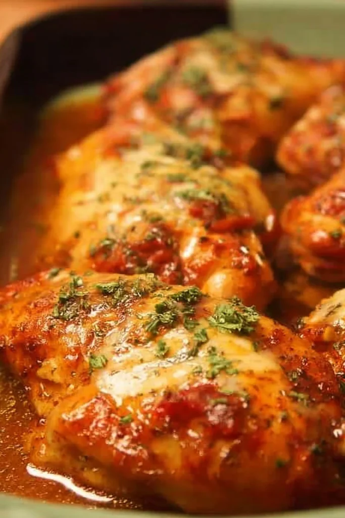 Plate of easy baked chicken garnished with herbs and spices