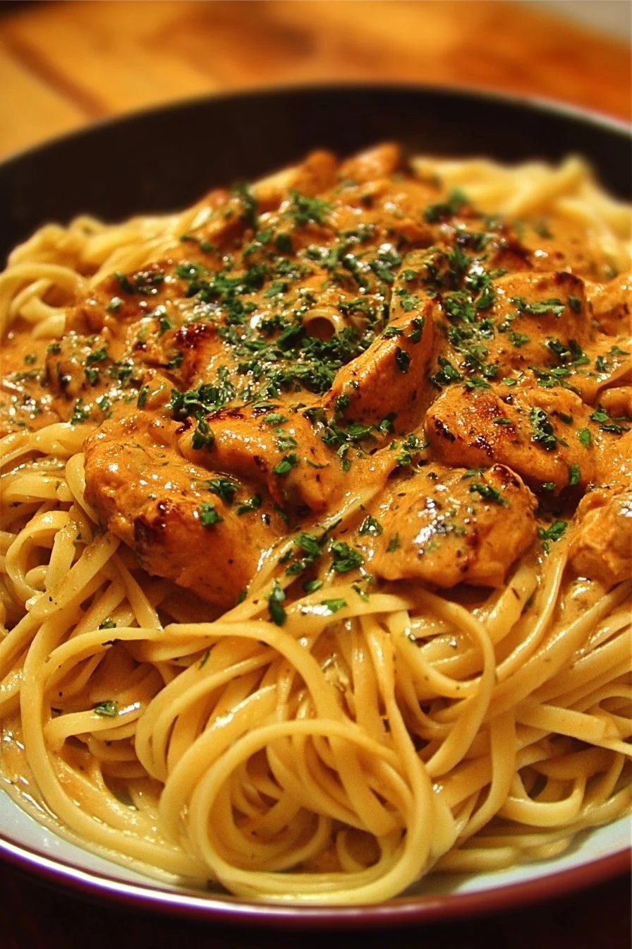Easy cowboy butter chicken linguine topped with herbs and spices in a bowl
