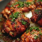 Delicious soy garlic chicken thighs served with rice and vegetables.