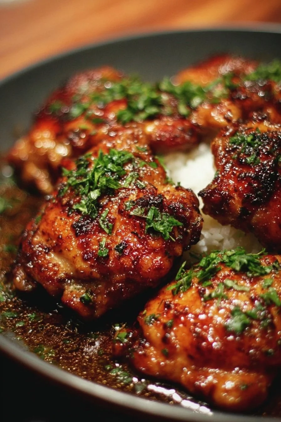 Delicious soy garlic chicken thighs served with rice and vegetables.