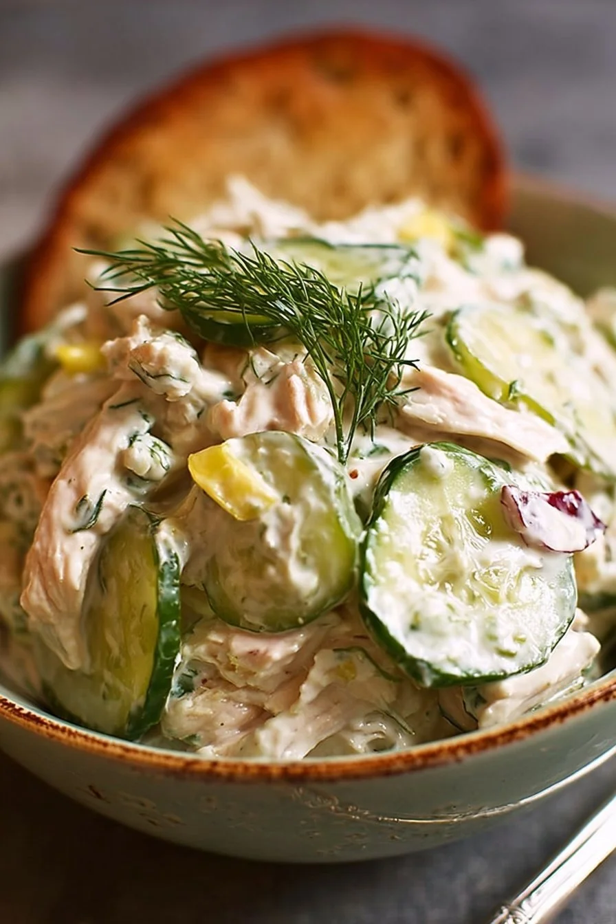 Delicious dill pickle chicken salad with fresh ingredients in a bowl