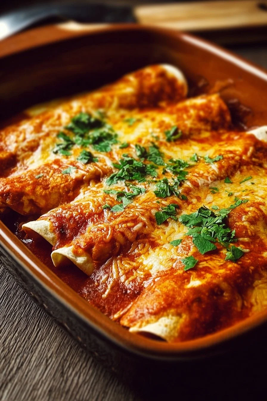 Flavorful Chicken Enchiladas 2 Delicious and flavorful chicken enchiladas topped with cheese and sauce