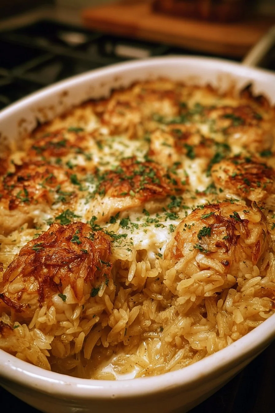 French Onion Chicken Orzo Casserole 2 French Onion Chicken Orzo Casserole topped with melted cheese.