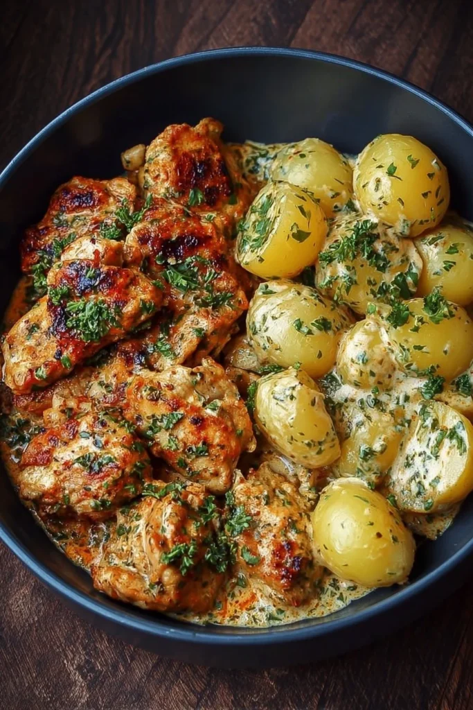 Delicious Garlic Butter Chicken served with creamy potatoes on a plate