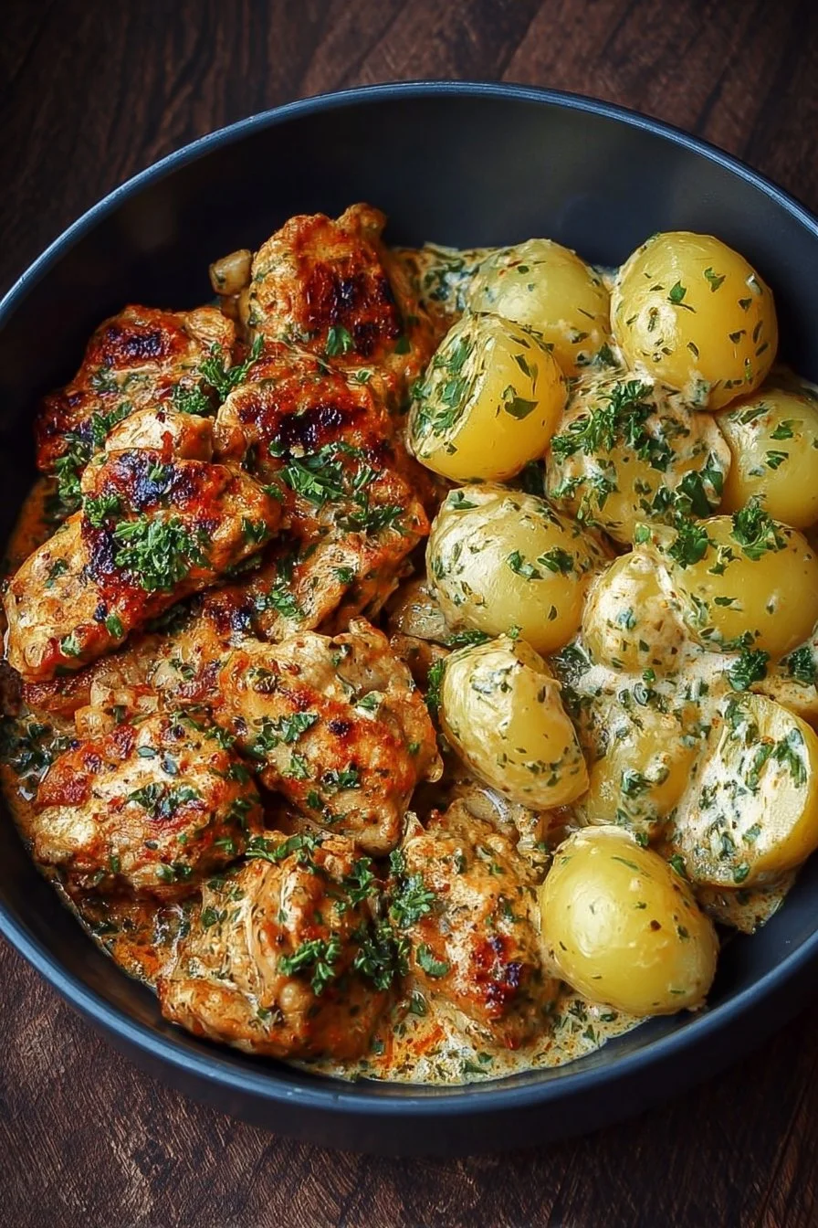 Delicious Garlic Butter Chicken served with creamy potatoes on a plate