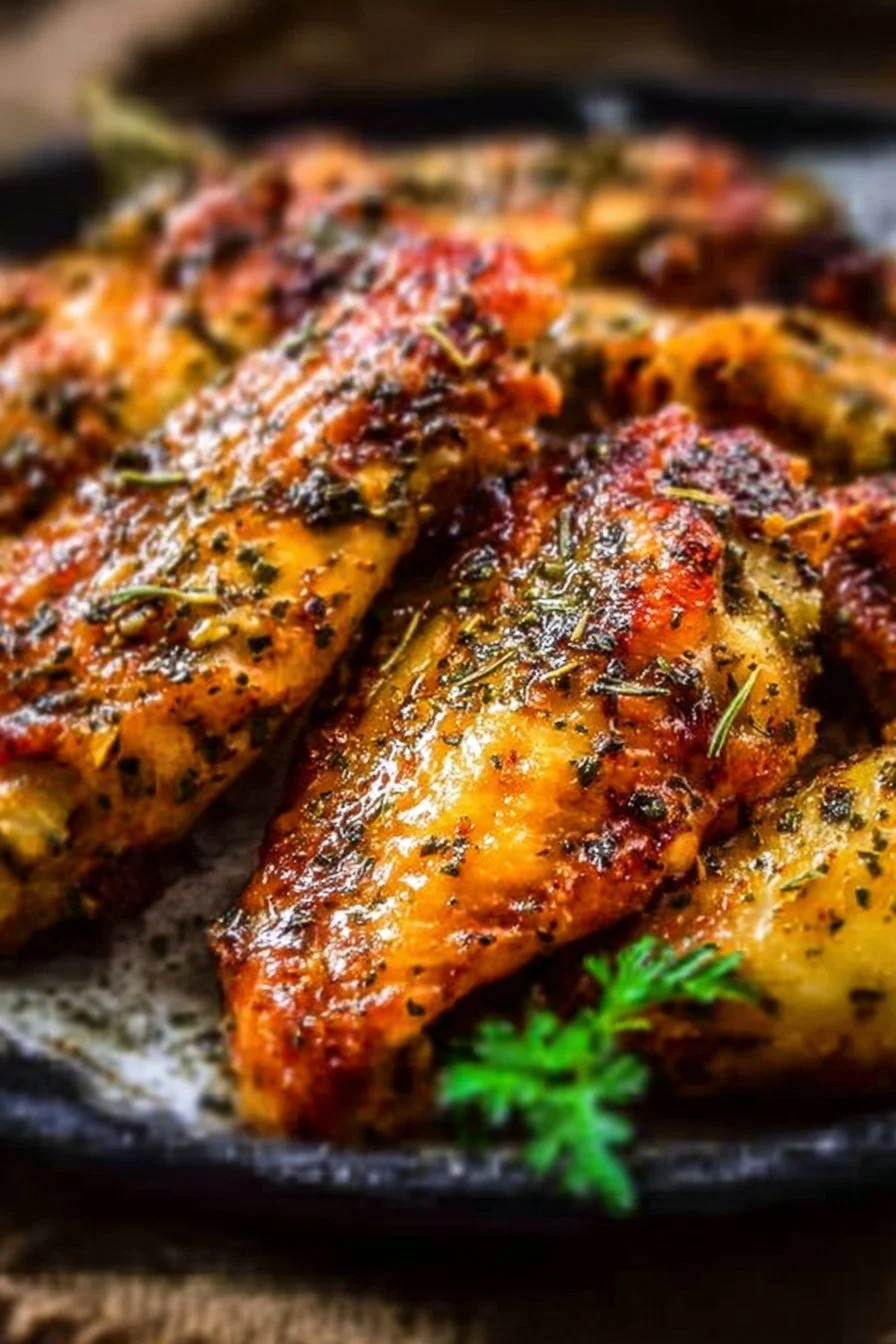 Garlic Herb Chicken Wings garnished with fresh herbs and spices