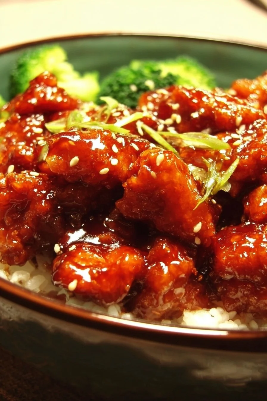 Delicious plate of General Tso's Chicken served with rice and vegetables