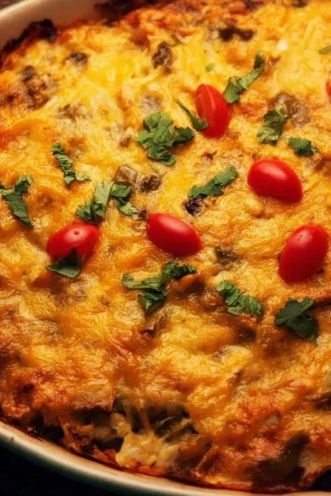 Delicious Green Chicken Chile Casserole topped with cheese and green chiles