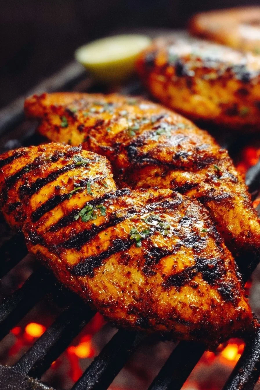 Juicy grilled chicken served with herbs and spices on a plate