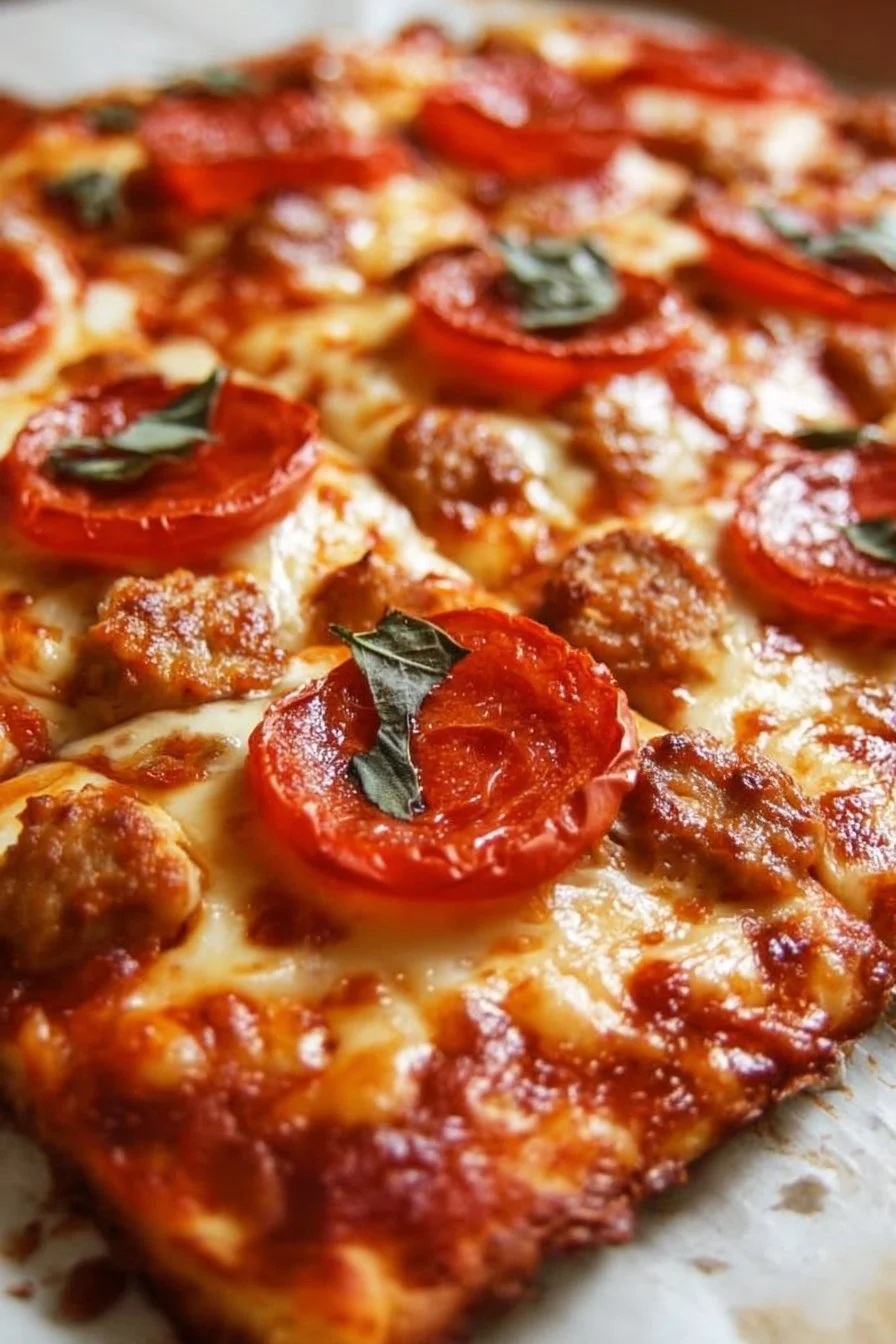 Ground chicken pizza crust topped with fresh vegetables and cheese