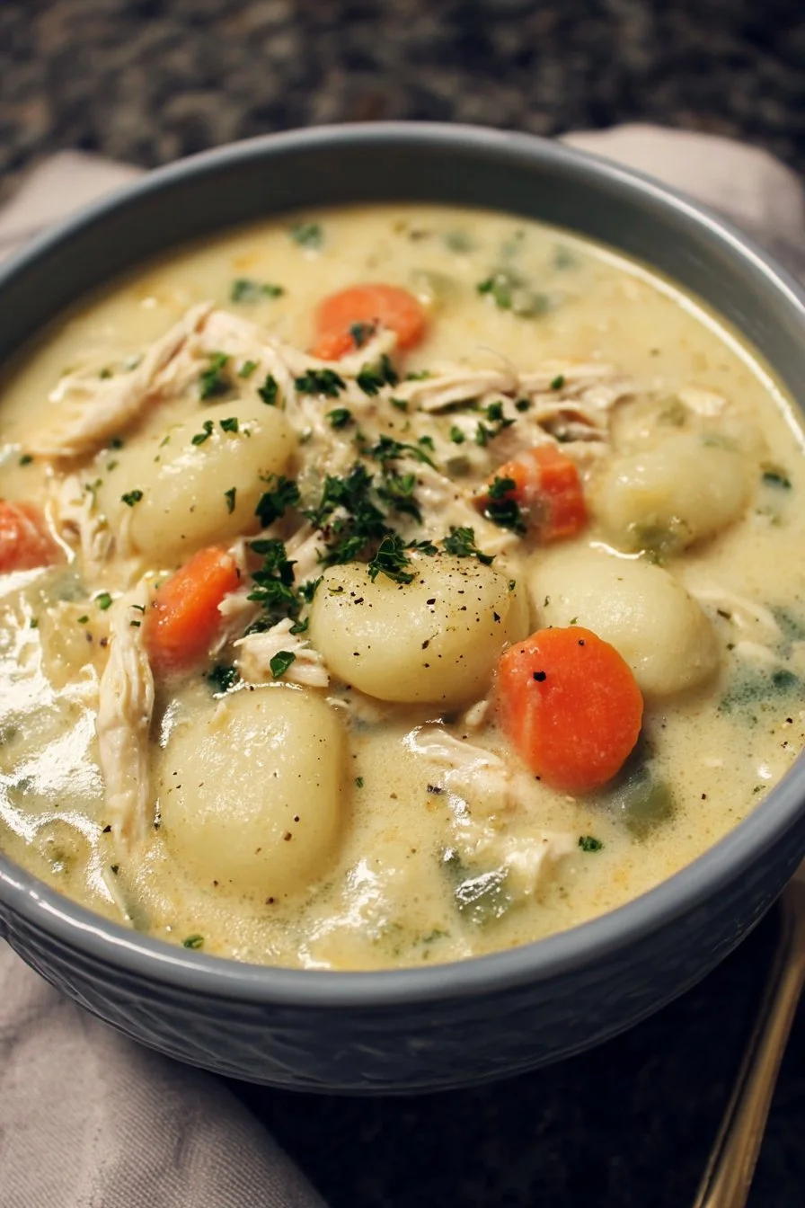 Bowl of healthy rotisserie chicken gnocchi soup with fresh herbs