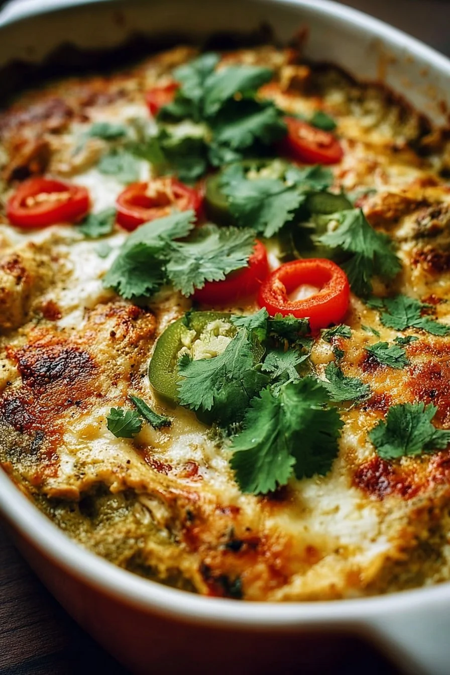 Healthy Salsa Verde Chicken Casserole topped with fresh herbs and served in a baking dish