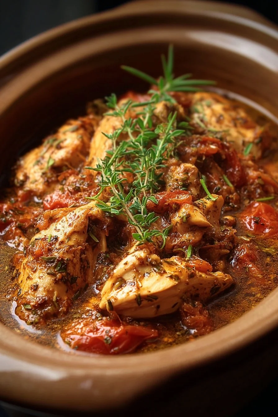 High Protein Crockpot Marry Me Chicken served on a plate with herbs