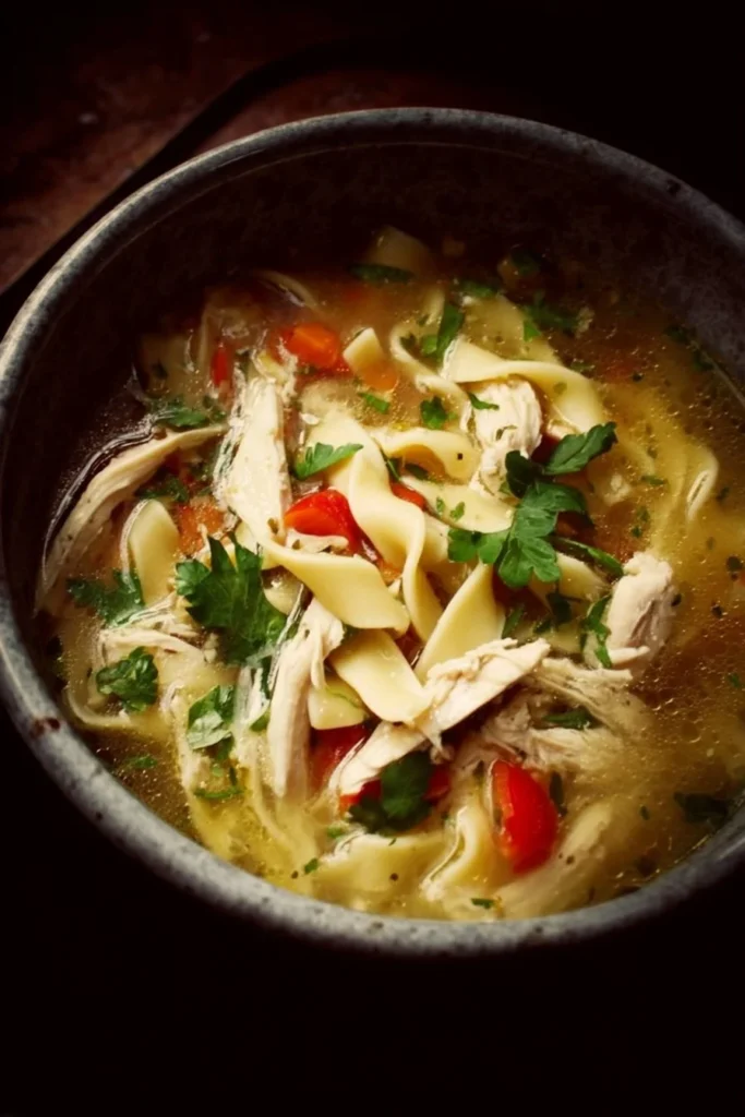 Bowl of delicious homemade chicken noodle soup with vegetables and herbs