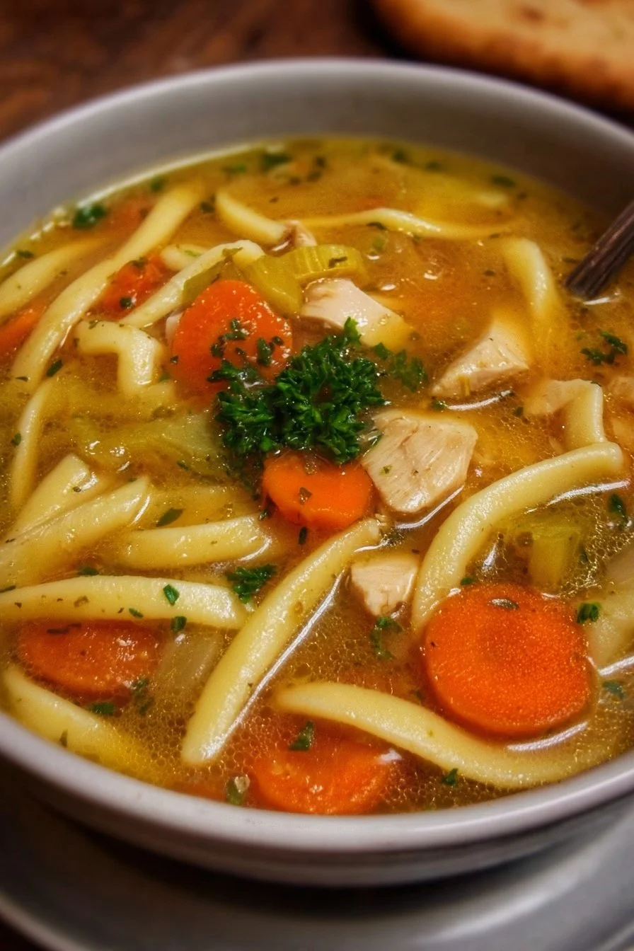 Homemade Chicken Noodle Soup 2 Bowl of homemade chicken noodle soup with fresh vegetables and herbs