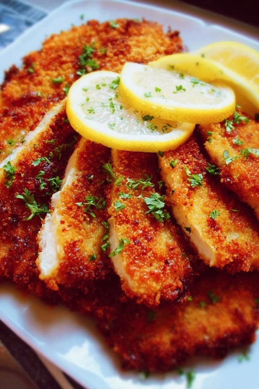 Plate of homemade chicken schnitzels served with lemon and parsley