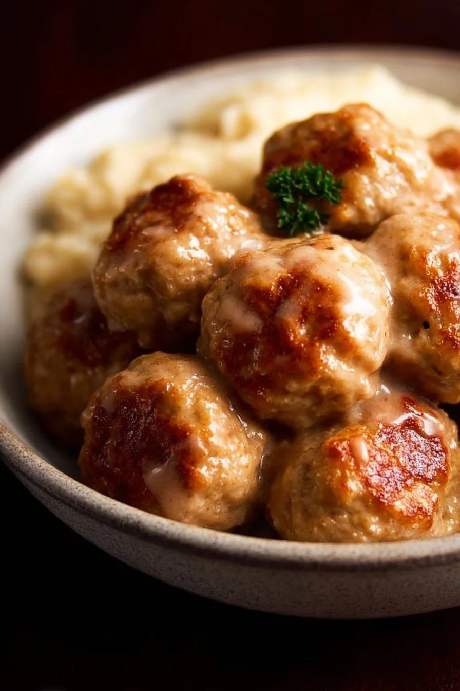 Plate of homemade Swedish Chicken Meatballs served with gravy and lingonberry sauce