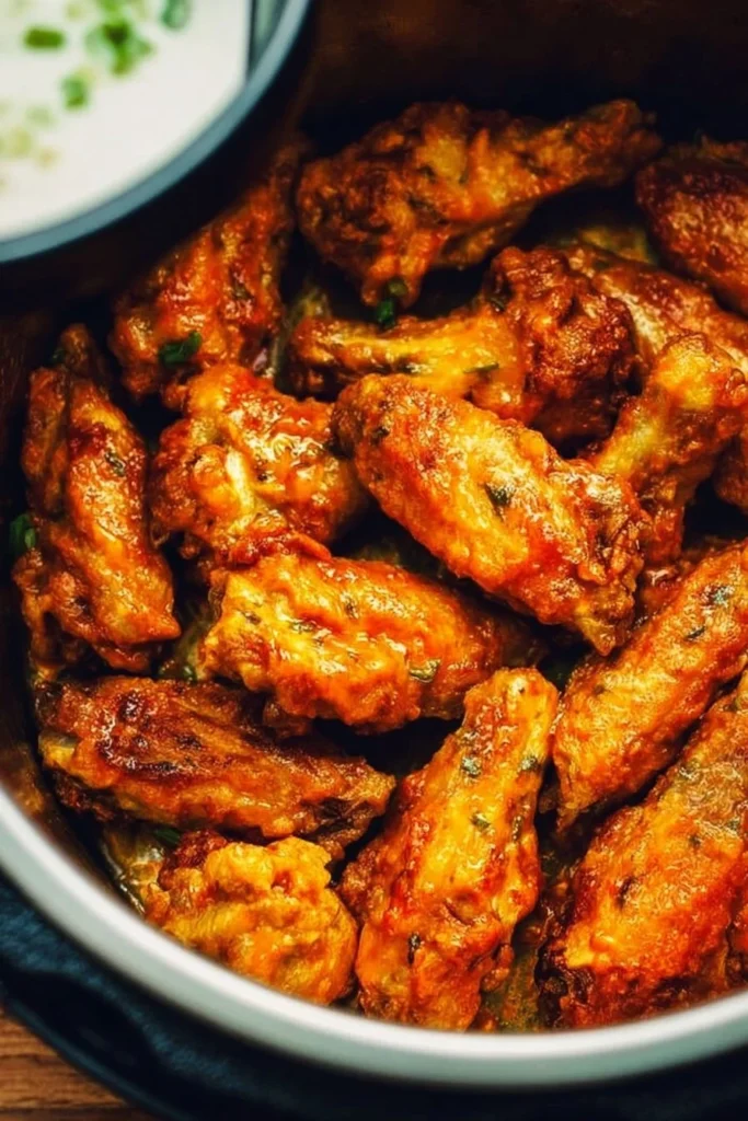 Delicious Instant Pot Buffalo Wings served with celery and blue cheese dip