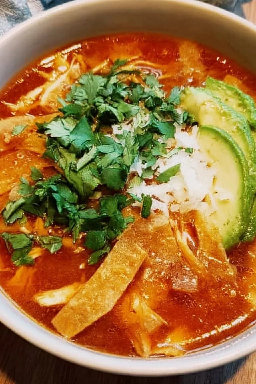 Bowl of delicious Instant Pot chicken tortilla soup topped with avocado and tortilla strips.