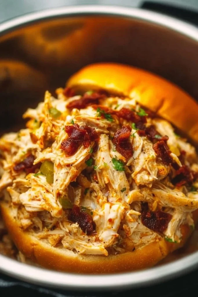 Bowl of Instant Pot Crack Chicken topped with green onions and cheese