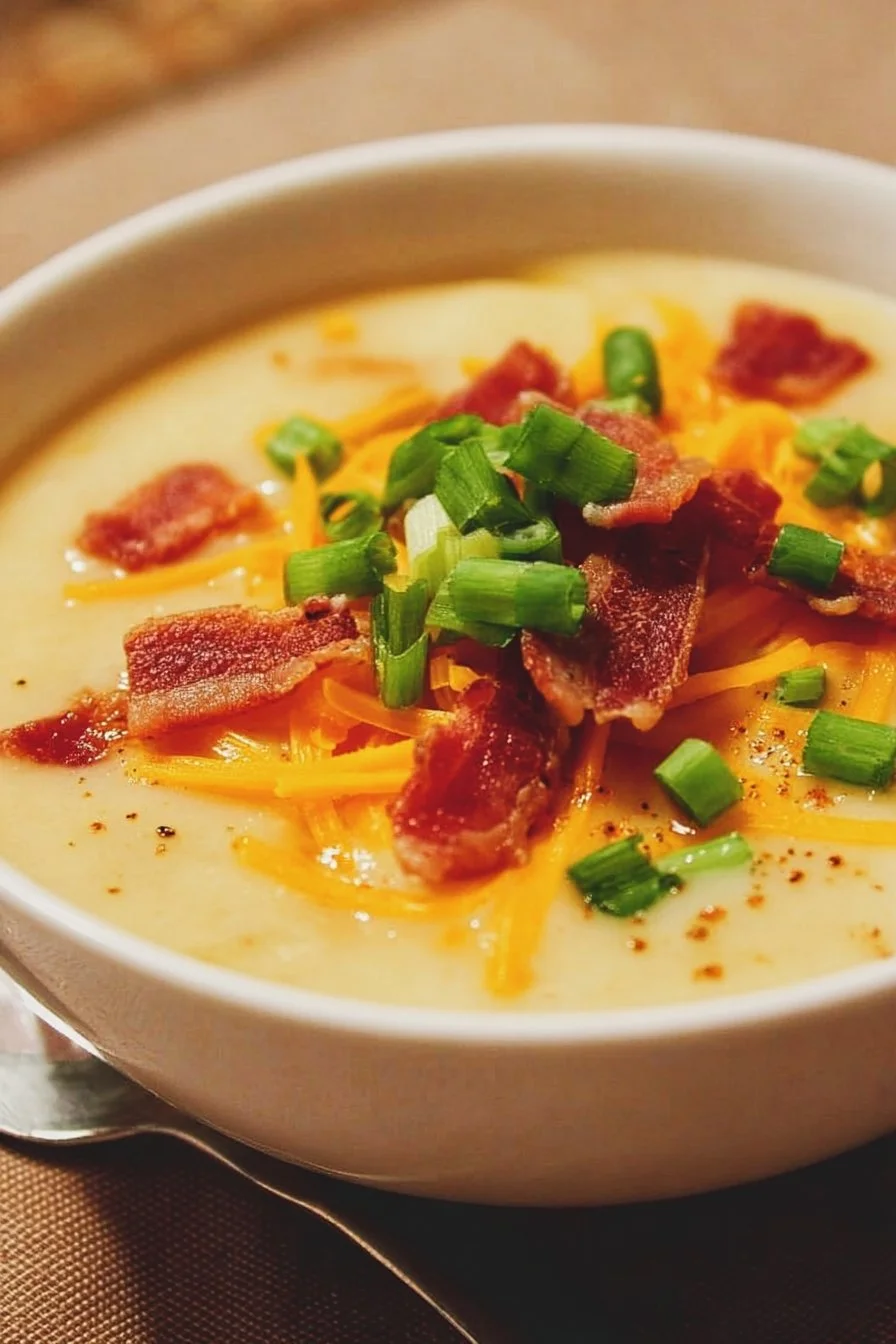 Delicious bowl of Instant Pot loaded potato soup topped with cheese and chives