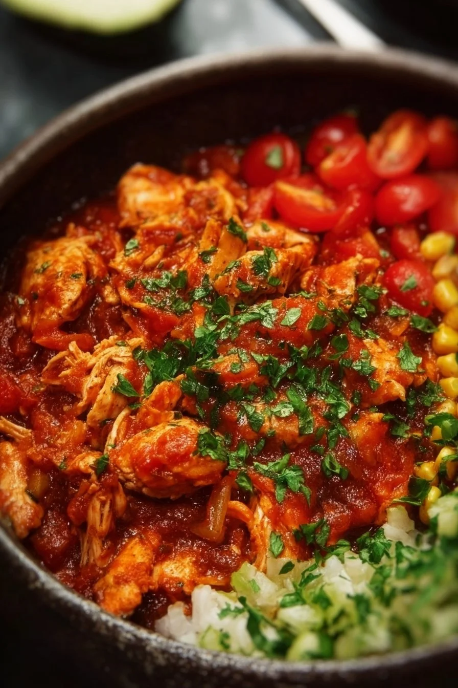 Delicious Instant Pot salsa chicken served with rice and cilantro garnish