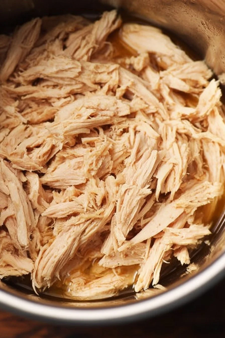 Instant Pot shredded chicken preparation with herbs and spices in a bowl.