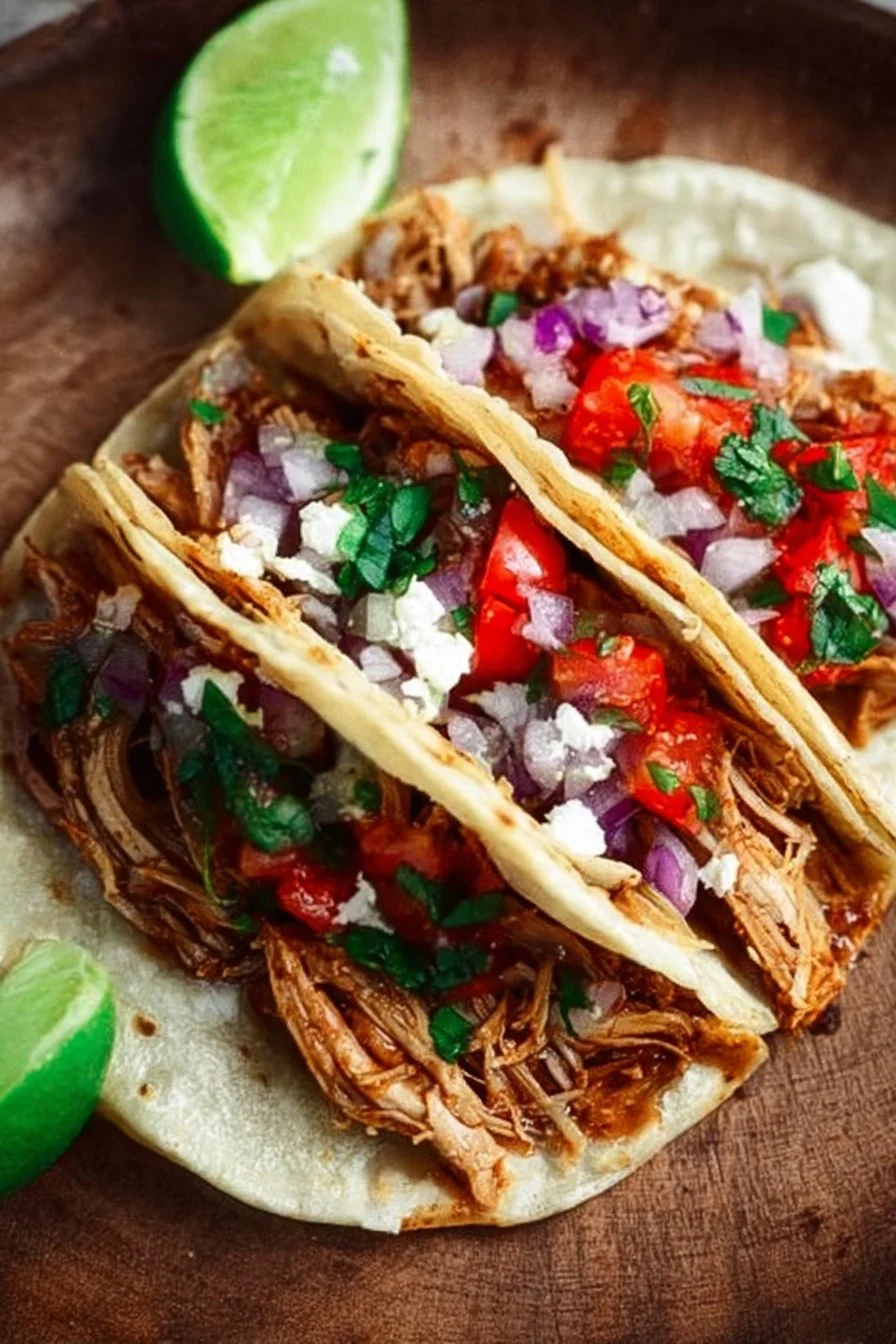 Delicious Instant Pot shredded chicken tacos served with fresh toppings