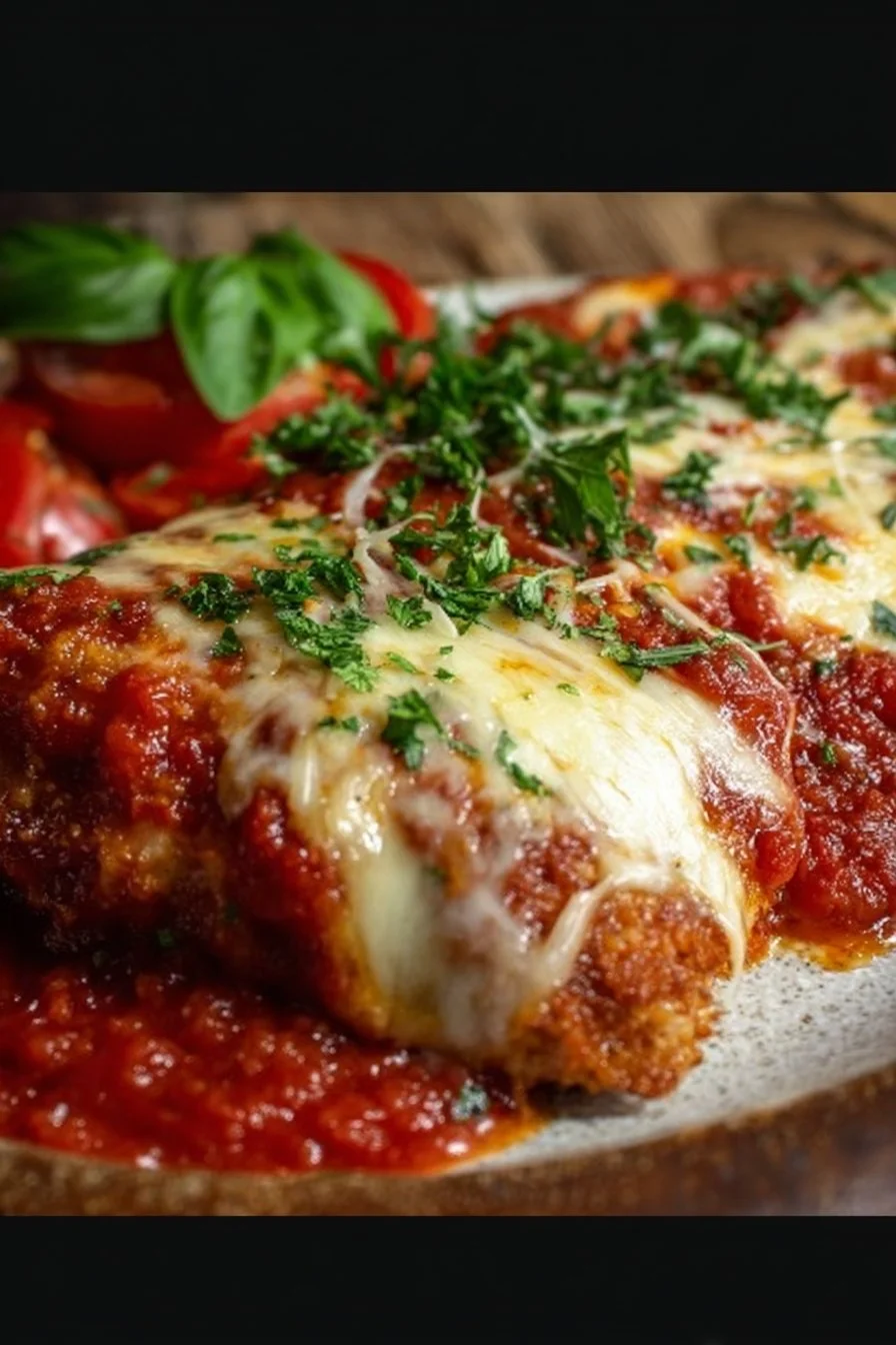 Keto Chicken Parmesan dish topped with fresh basil and melted cheese