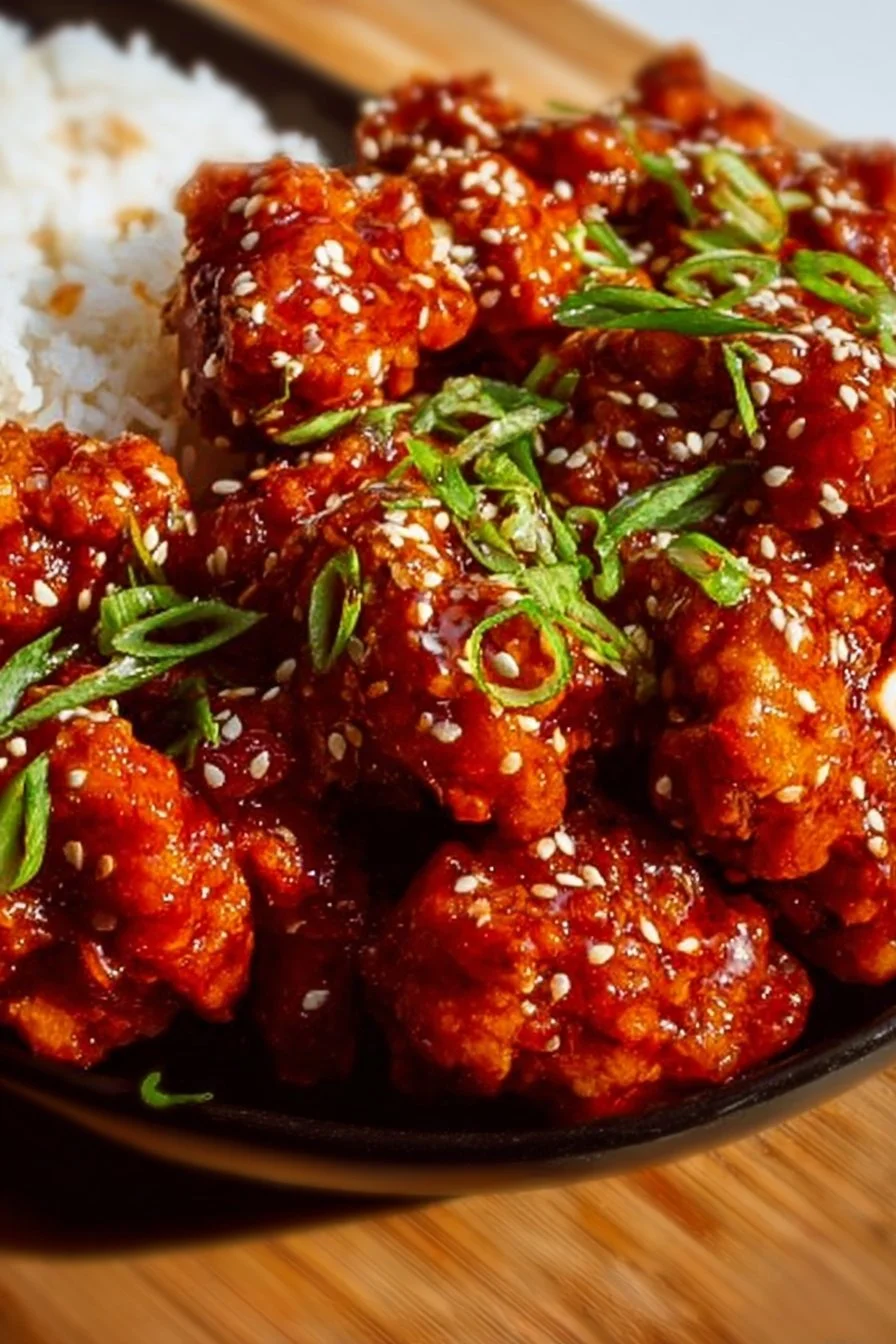 Plate of crispy Korean Fried Chicken with sweet and spicy sauce