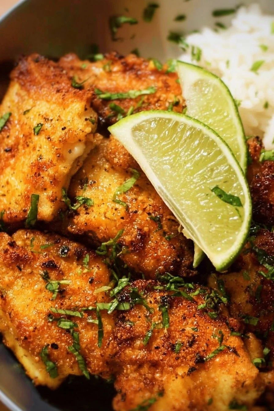 Lime Air Fryer Chicken 2 Lime Air Fryer Chicken served on a plate with fresh herbs.