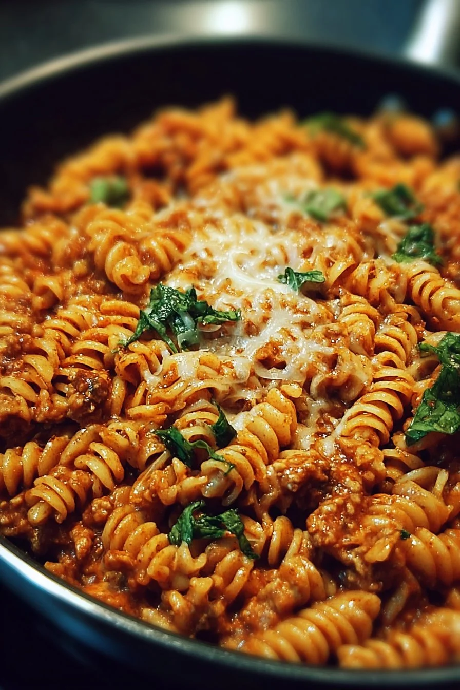 One-Skillet Cheesy Ground Chicken Pasta 2 One-Skillet Cheesy Ground Chicken Pasta dish garnished with herbs
