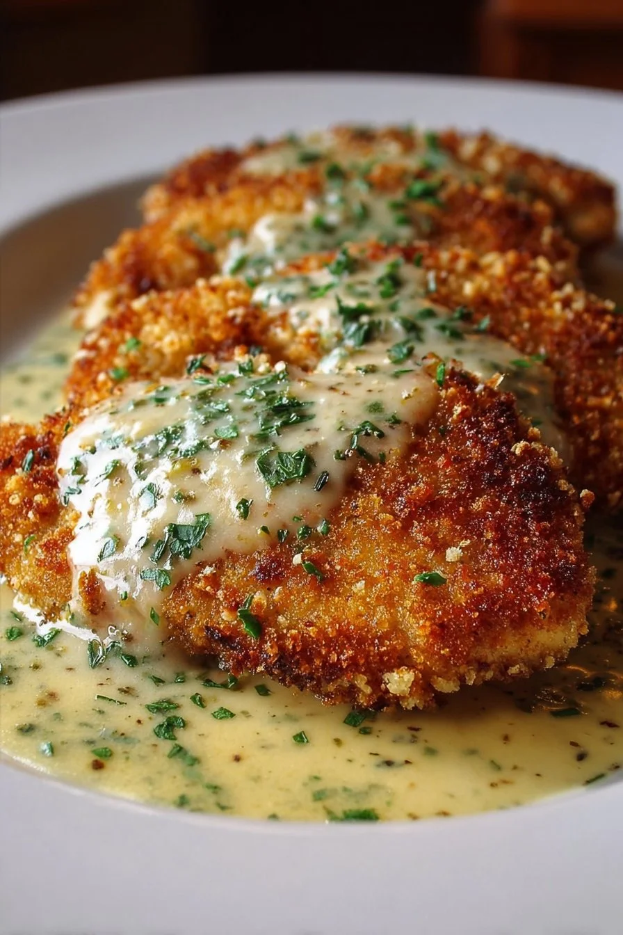 Parmesan Crusted Chicken with Creamy Garlic Sauce 2 Parmesan Crusted Chicken with Creamy Garlic Sauce served on a plate