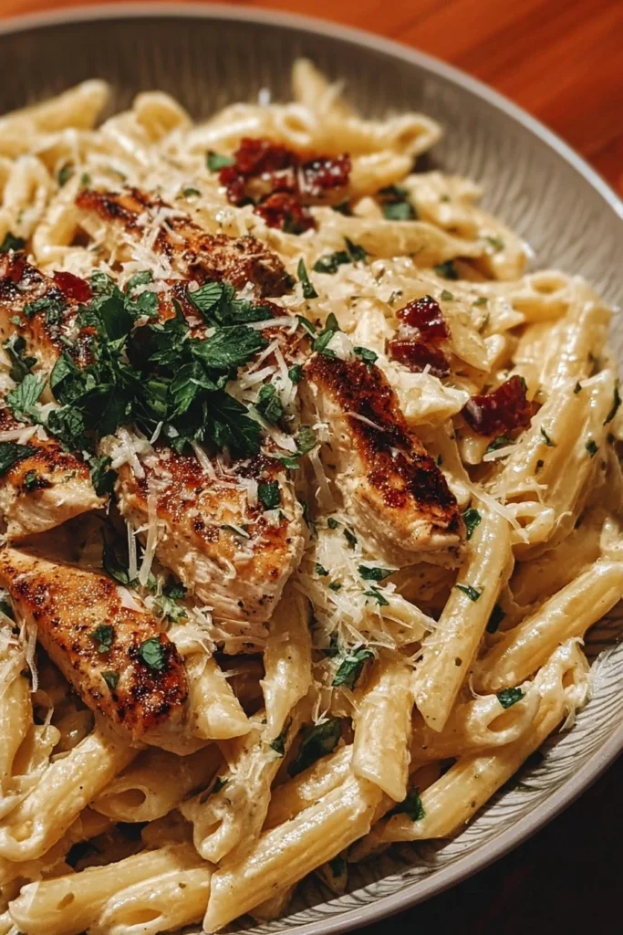Delicious Parmesan Chicken Pasta topped with creamy sauce and herbs