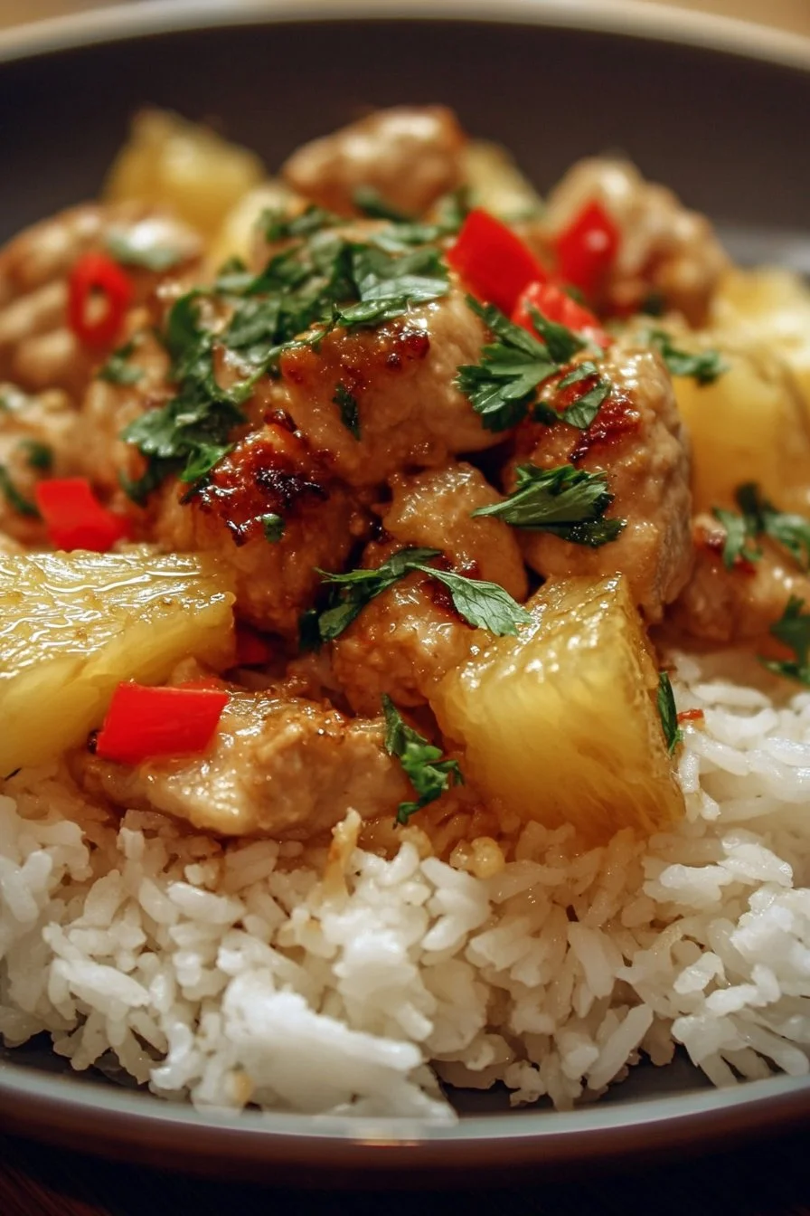 Pineapple Chicken and Rice 2 Plate of Pineapple Chicken and Rice with colorful vegetables garnished