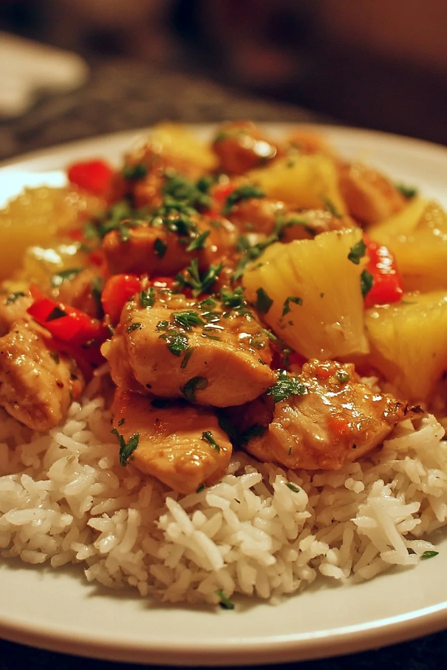 Pineapple chicken served over rice with vegetables in a colorful dish.