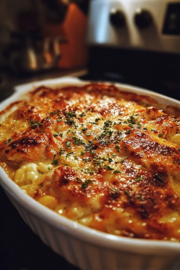 Delicious rotisserie chicken casserole baked with cheese and vegetables.