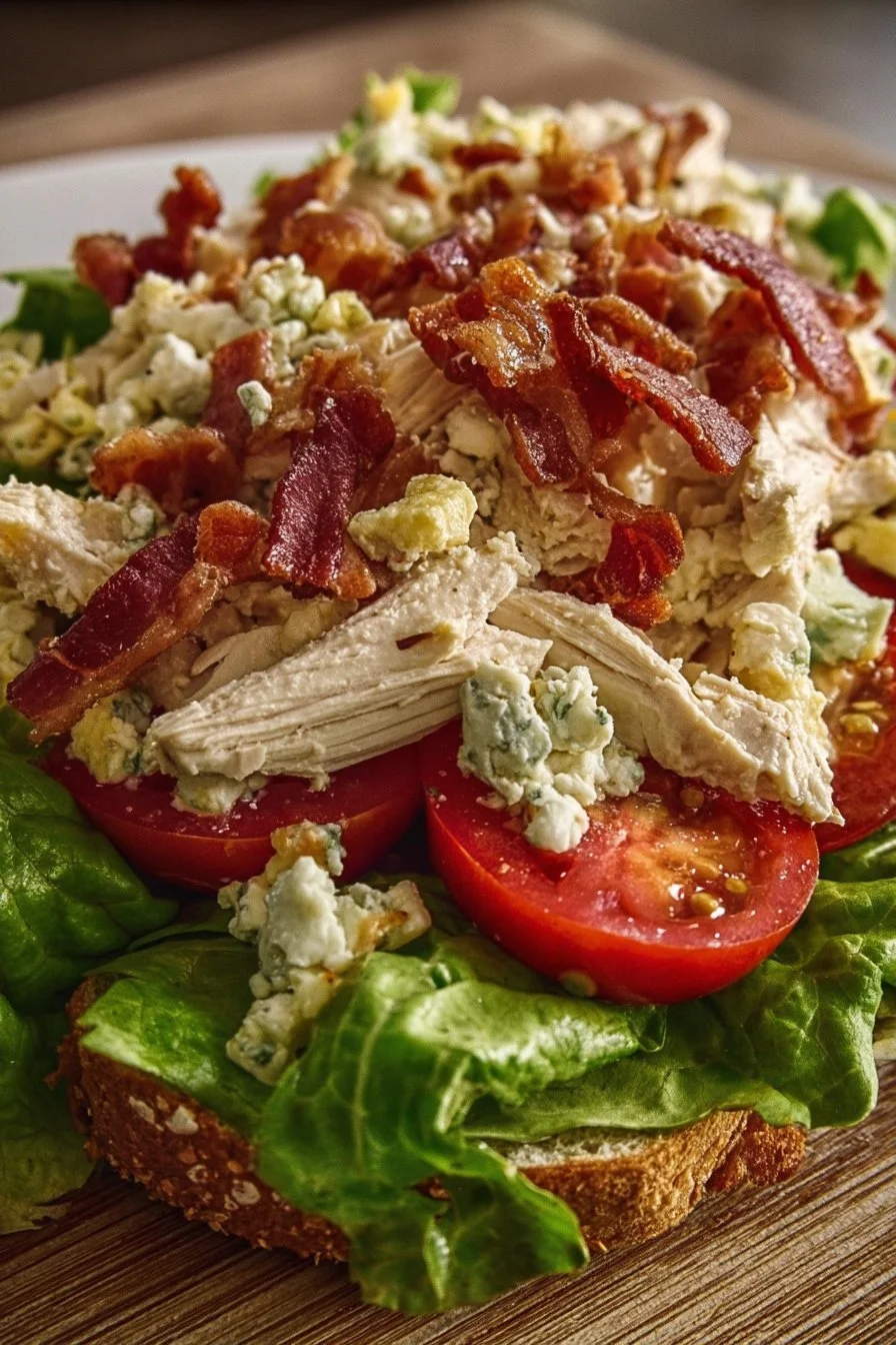 Savory BLT Chicken Salad 2 Savory BLT chicken salad with chicken, bacon, lettuce, and tomatoes in a bowl.