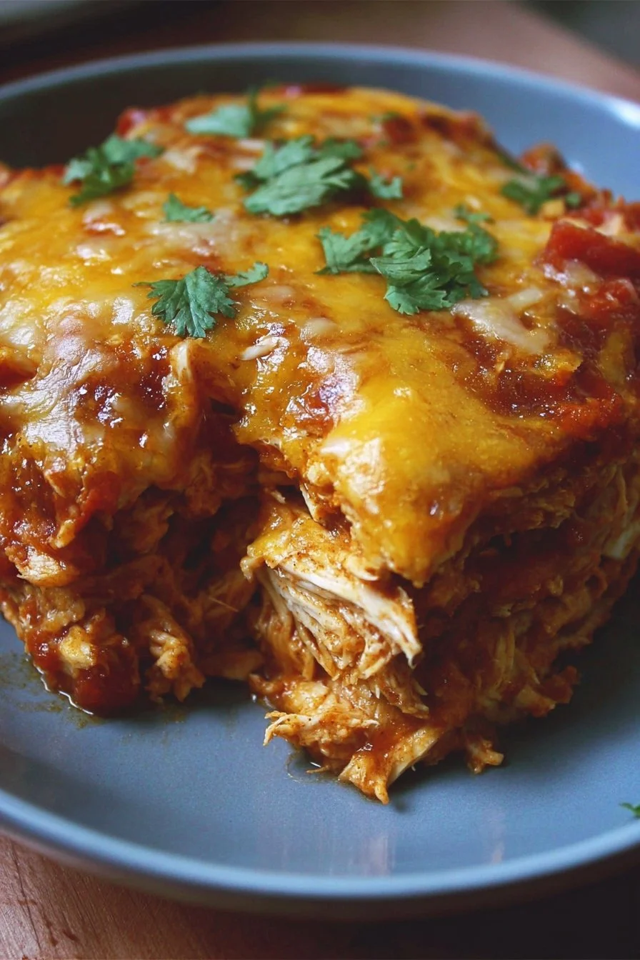Delicious shredded chicken enchilada casserole topped with cheese and sauce