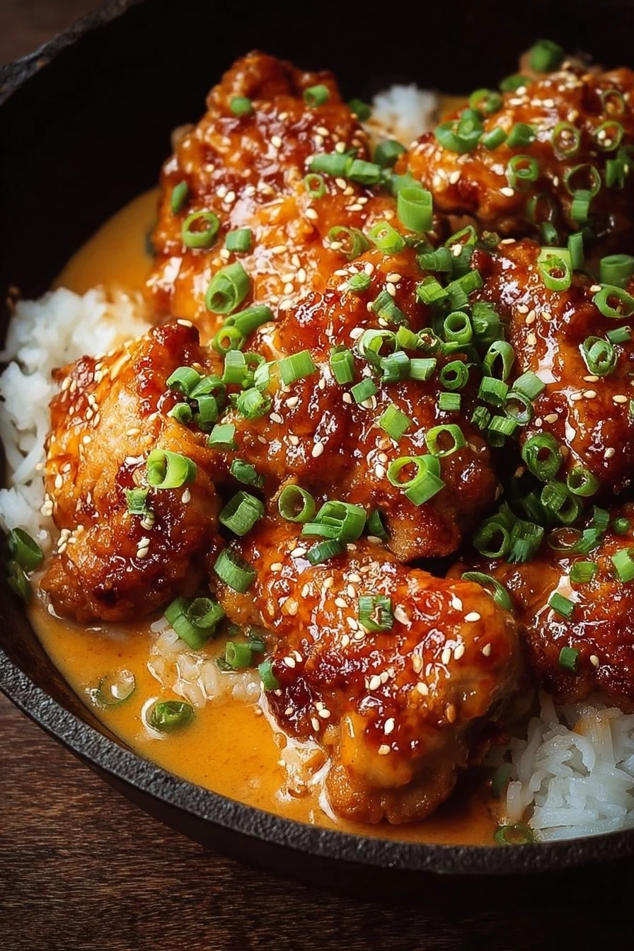 Skillet Bang Bang Chicken Thighs 2 Skillet Bang Bang Chicken Thighs served on a plate with garnishes