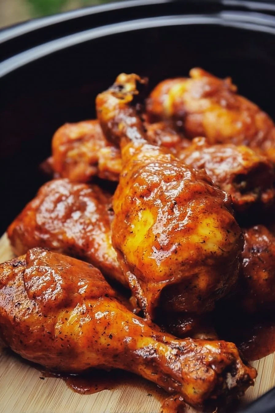 Slow Cooker BBQ Chicken Legs 2 Slow cooker BBQ chicken legs garnished with fresh herbs